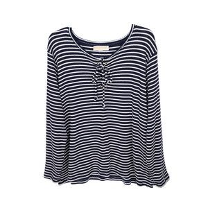 Michael Kors Shirt Womens 1X Striped Top Long Sleeve Tie Lace Up Neck